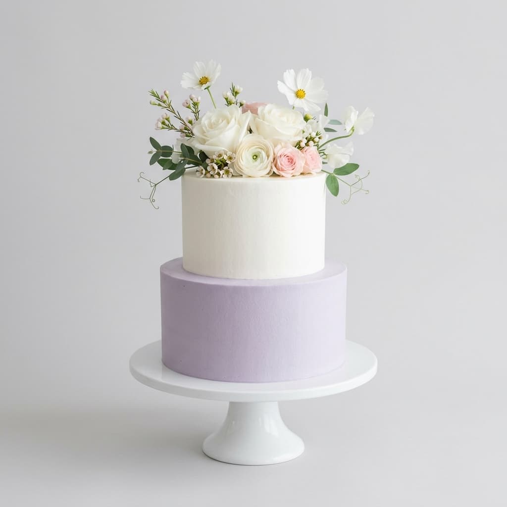 White frosted cake decorated with fresh flowers