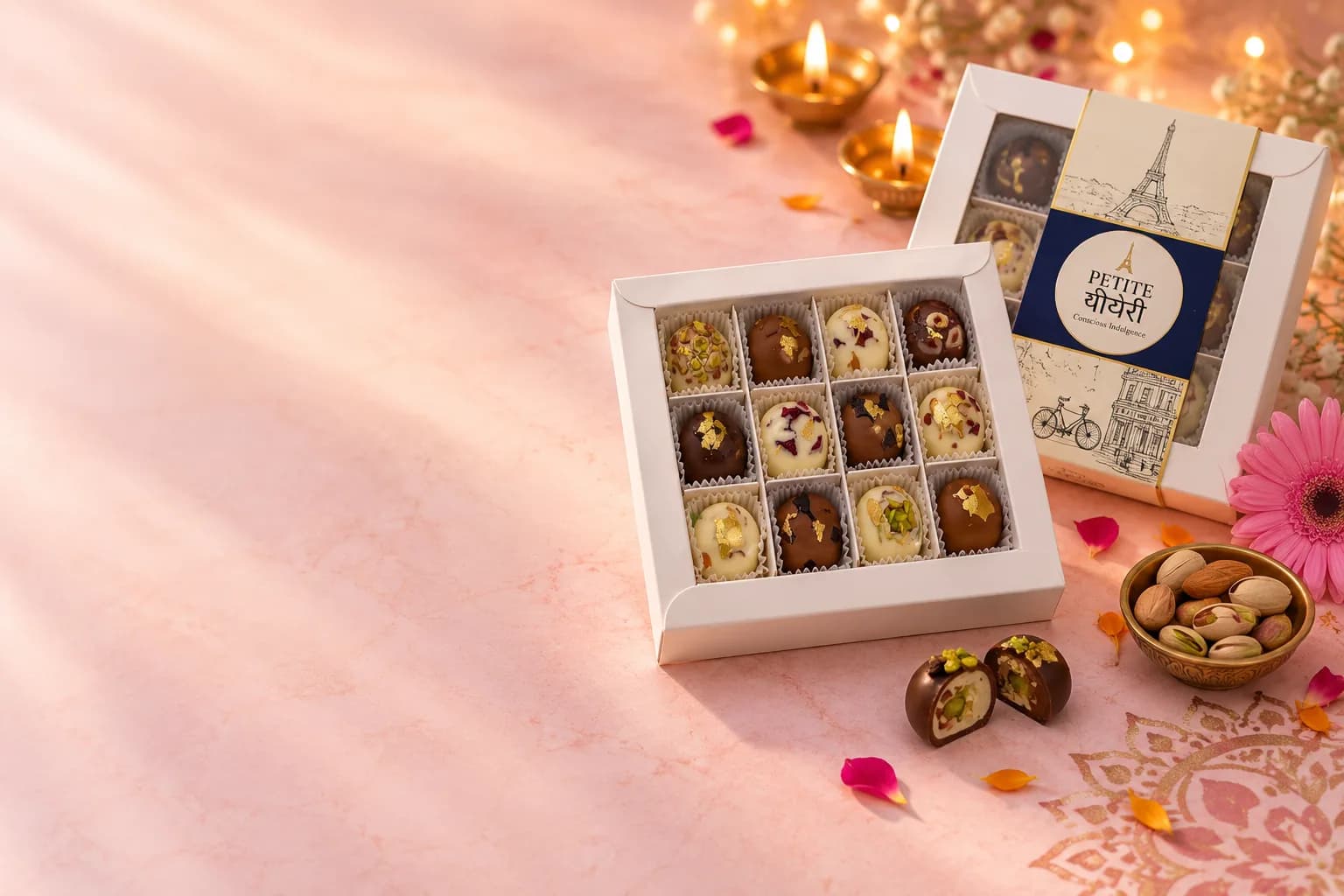 Twelve gold-leaf nut chocolates in a window gift box