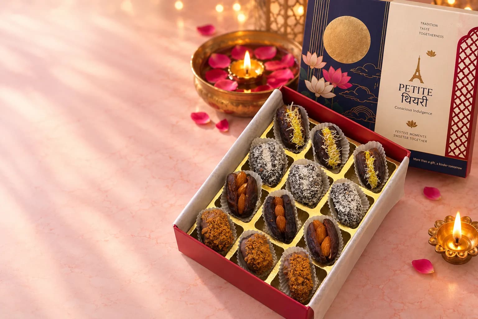 Twelve stuffed dates in a red gift box with a navy and gold lotus lid
