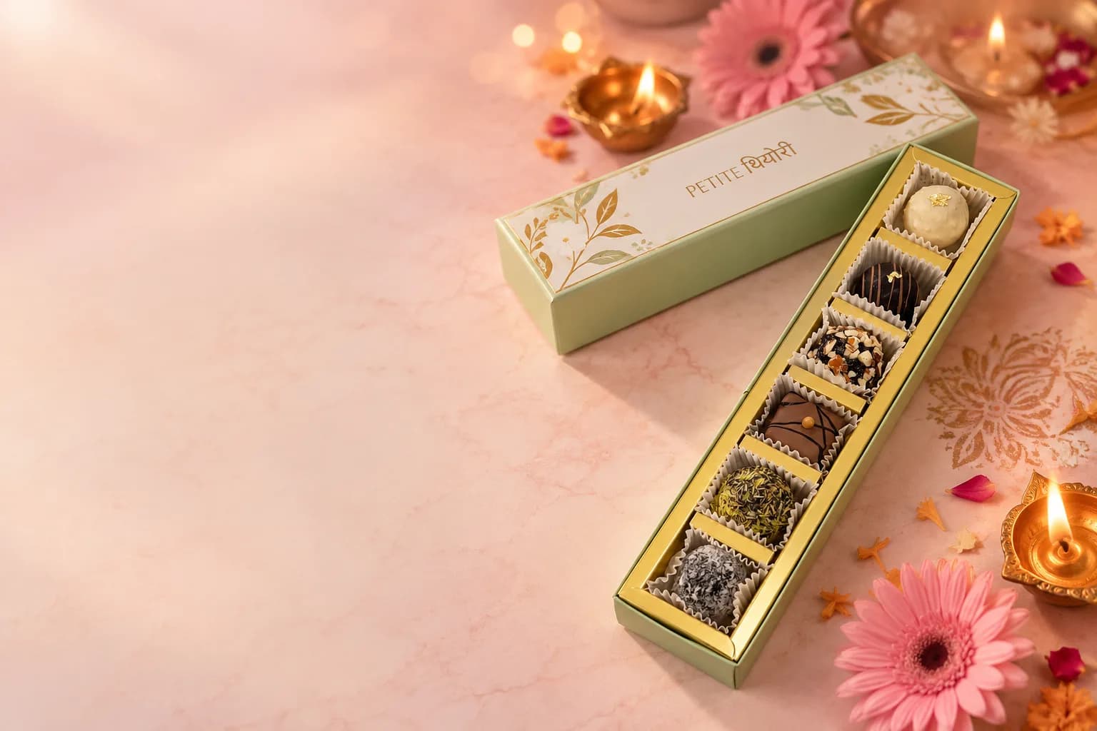 Six assorted truffles in a gold tray beside a sage gift sleeve