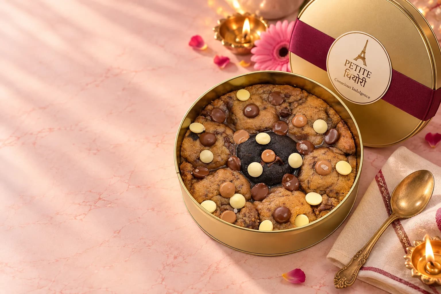 A gold tin of gooey baked chocolate cookies with its ribboned lid