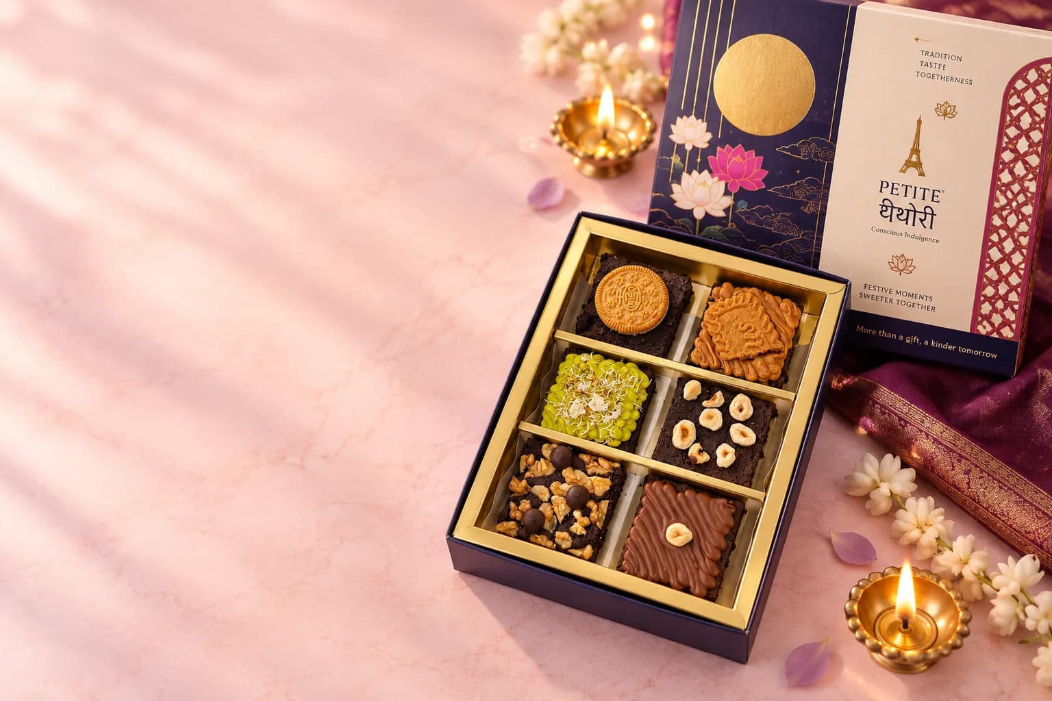 Six assorted brownies in a gold-lined gift box